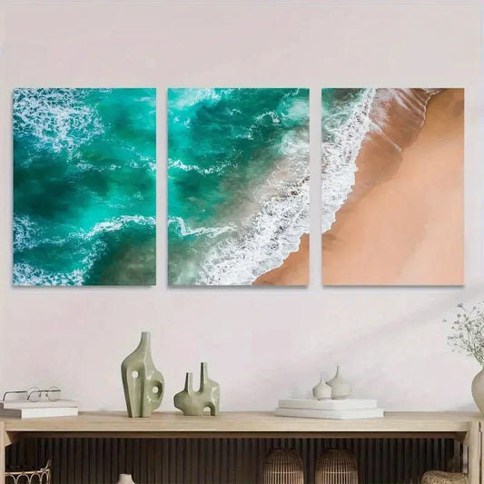 3pcs Modern Coastal Landscape with Turquoise Metal Print Ready to Hang Art
