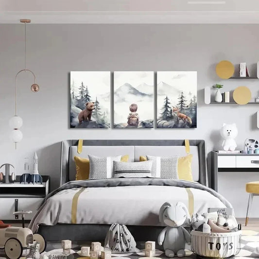 3pcs Boy Adventure Nursery Animals Bear & Fox   Metal Print Ready to Hang Art