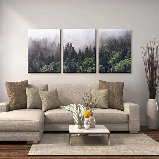 3pcs Fog Over Pine Tree Forest Nature Metal Print Ready to Hang Art