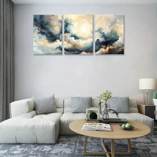 3pcs  Abstract Blue & Golden Marble Metal Print Ready to Hang Art