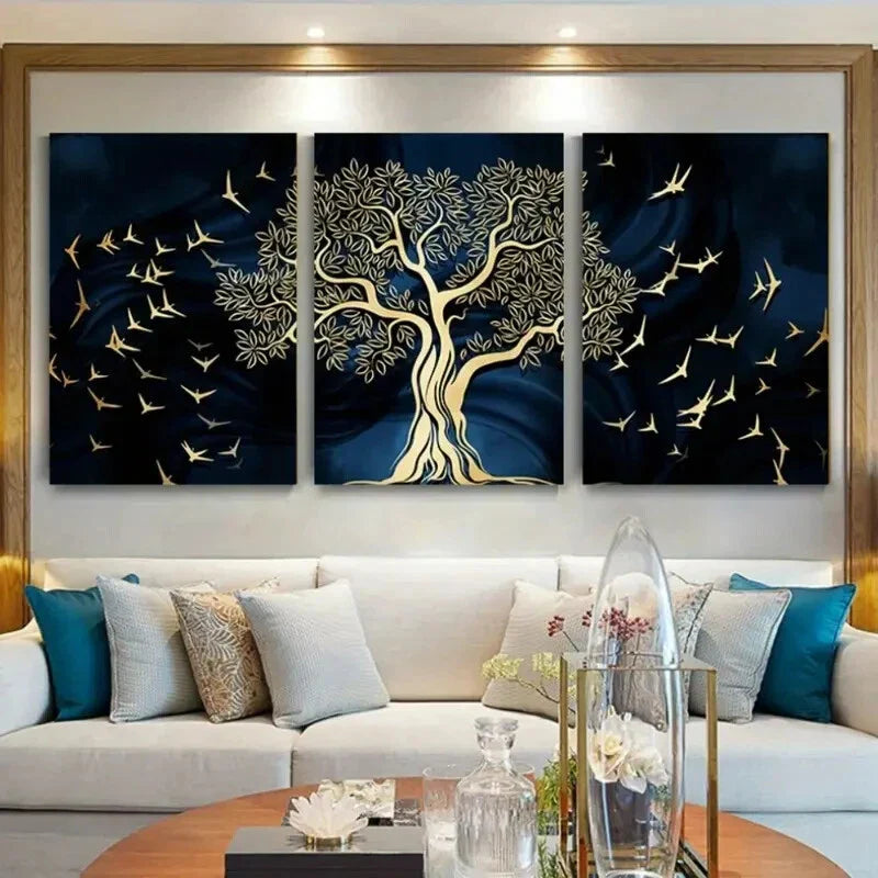 3pcs Golden Tree and Bird Golden Blue Metal Print Ready to Hang Art