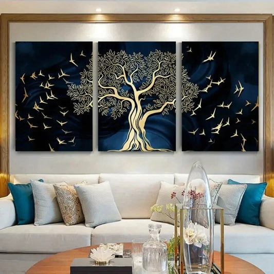 3pcs Golden Tree and Bird Golden Blue Metal Print Ready to Hang Art