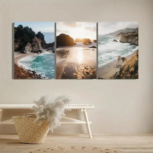 3pcs Coast Huge Waves Sunset Blue Sky Mountain Metal Print Ready to Hang Art