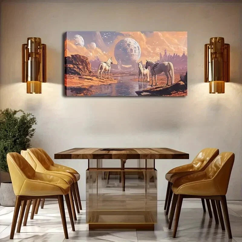 Three White Horses in Alien Wall Art Canvas Office Home Room Framed 120x60cm
