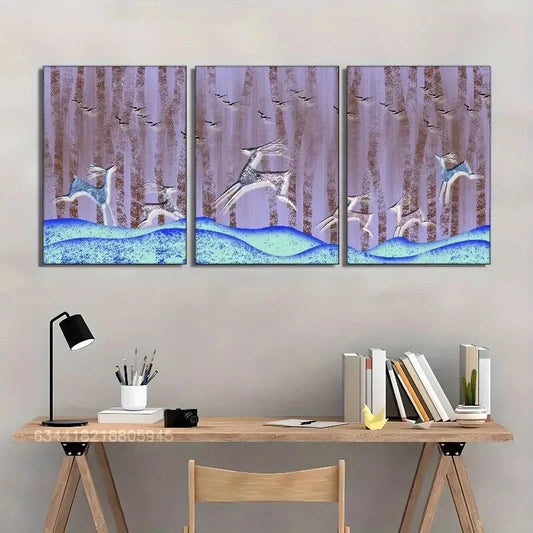 3pcs Sika Deer & Flying Birds in Forest Scene, Metal Print Ready to Hang Art