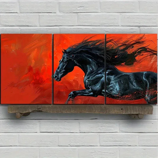 3pcs Running Black Horse Orange & Black Metal Print Ready to Hang Art