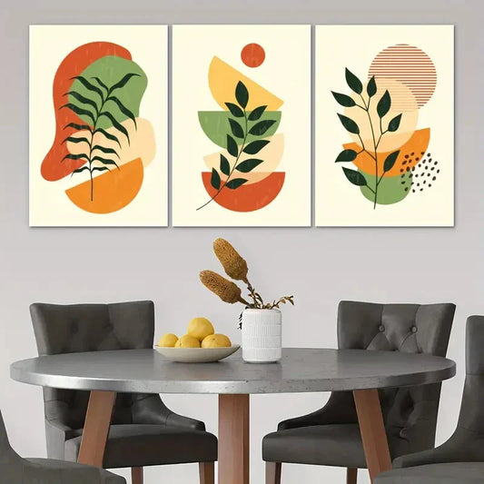 3pcs Bohemian Style Abstract Green Leaves Metal Print Ready to Hang Art