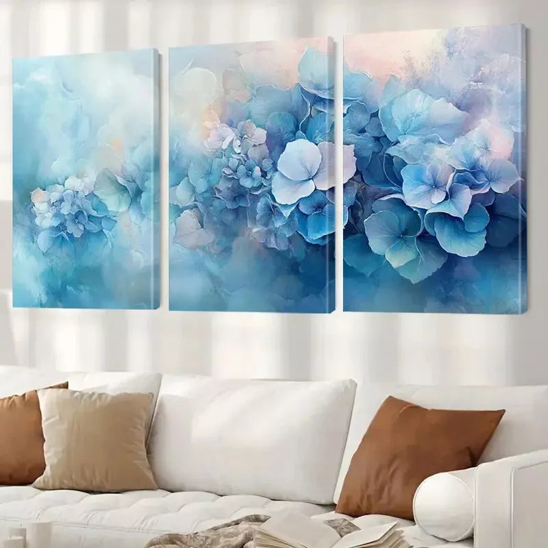 3pcs Blue Hydrangeas Summer Flowers Painting Wall Art Set Canvas Framed 40x60cm - High Quality Print 100% Australian Made Wall Canvas Ready to Hang