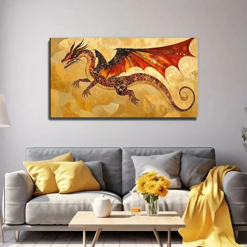 Ancient Dragon Golden & Red Wall Art Canvas Office Home Room Framed 80x45cm