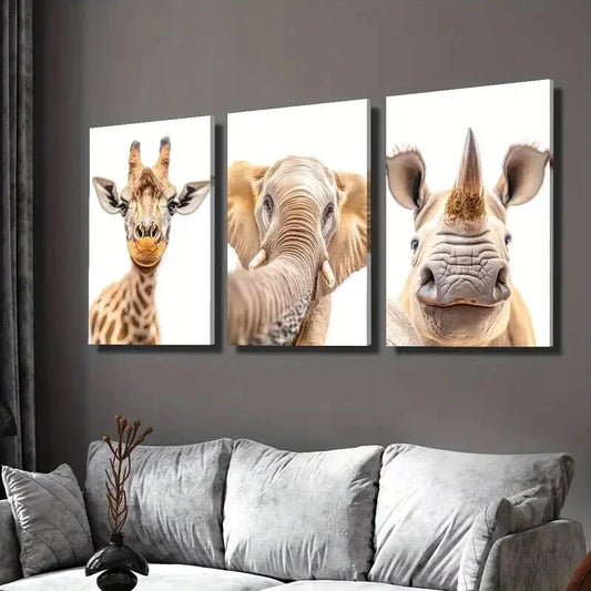 3pcs Curious Giraffe Elephant & Rhino Wall Art Set Canvas Framed 40x60cm - High Quality Print 100% Australian Made Wall Canvas Ready to Hang