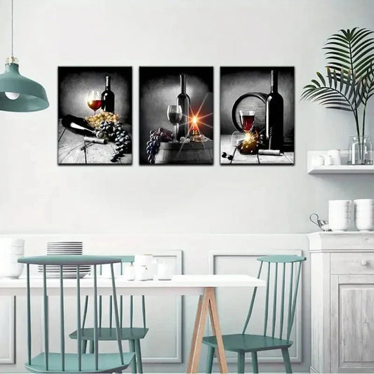 3pcs Wine with Grape Kitchen Painting Pictures  Metal Print Ready to Hang Art