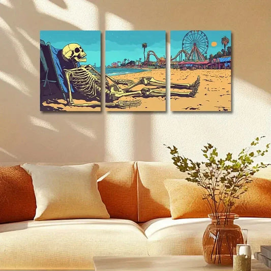 3pcs Sunbathing Skeletons Beach Scene Metal Print Ready to Hang Art