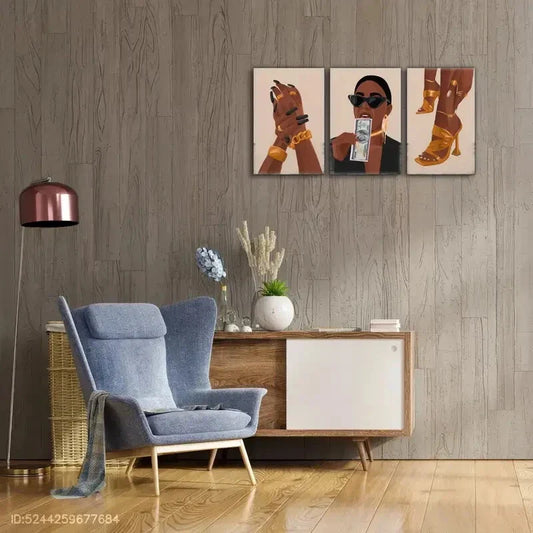 3pcs Black Girl Art Female Portrait Painting Metal Print Ready to Hang Art