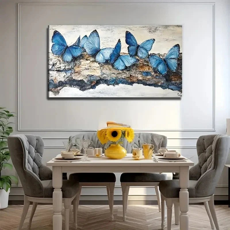 Vibrant Blue Butterfly Nature Wall Art Canvas Office Home Room Framed 80x45cm