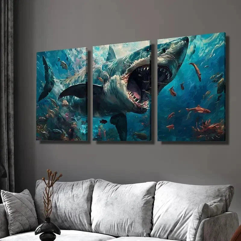 3pcs Great White Shark Canvas Animal Wall Art Set Canvas Framed 40x60cm - High Quality Print 100% Australian Made Wall Canvas Ready to Hang