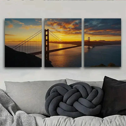 3pcs Golden Gate Bridge Vibrant Sunset Scenery Metal Print Ready to Hang Art