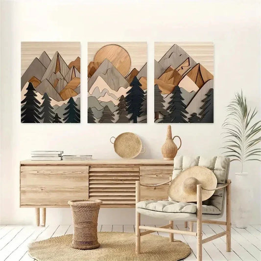 3pcs  rustic wood effect art, forest art painting Metal Print Ready to Hang Art