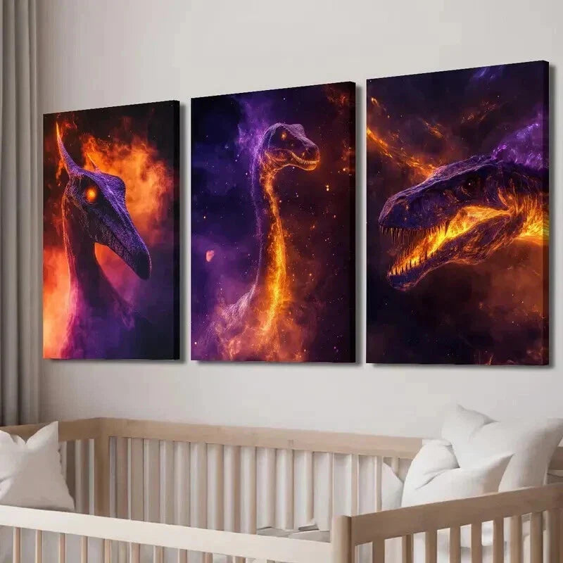 3pcs Jurassic Dinosaur with Vibrant Flame Wall Art Set Canvas Framed 40x60cm - High Quality Print 100% Australian Made Wall Canvas Ready to Hang