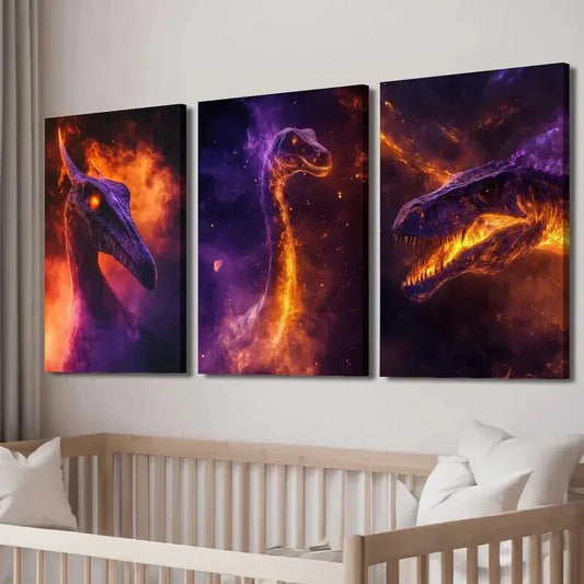 3pcs Jurassic Dinosaur with Vibrant Flame Wall Art Set Canvas Framed 40x60cm - High Quality Print 100% Australian Made Wall Canvas Ready to Hang