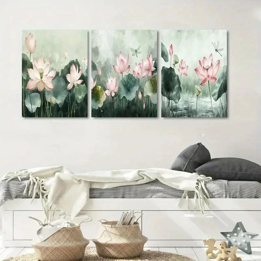 3pcs Lotus Pink Floral Metal Print Ready to Hang Art