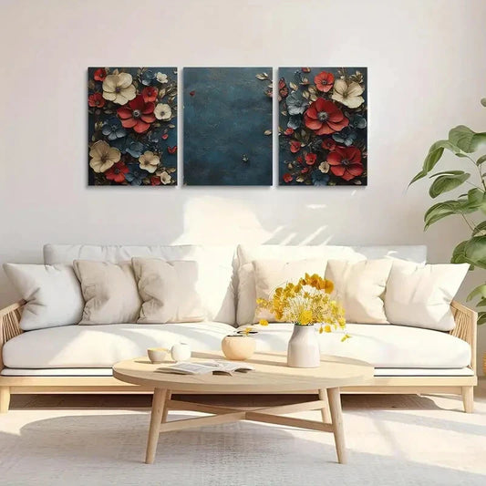 3pcs Vibrant Red Flowers, Blue Background Metal Print Ready to Hang Art