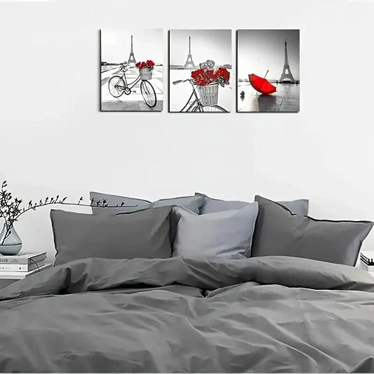 3pcs Featuring Red Flowers The Eiffel Tower  Metal Print Ready to Hang Art