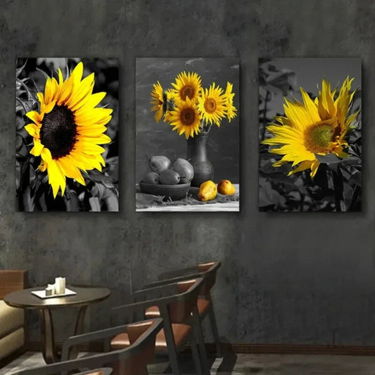 3pcs Triple Sunflower Black And White Metal Print Ready to Hang Art