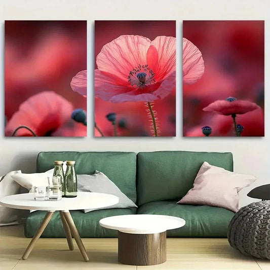 3pcs Red And Ivory Poppies Field Poppy Flower Metal Print Ready to Hang Art