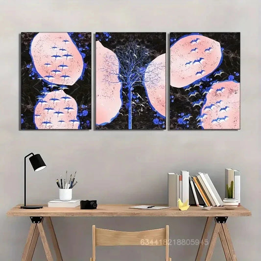 3pcs Golden trees, flying birds, landscape Metal Print Ready to Hang Art
