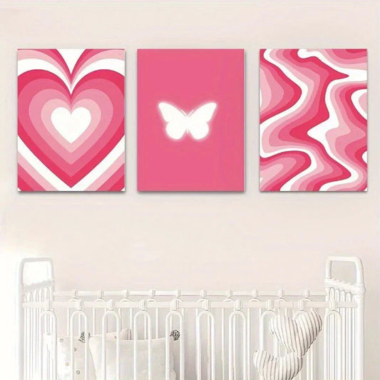 3pcs Pink Butterfly Heart Designs Metal Print Ready to Hang Art