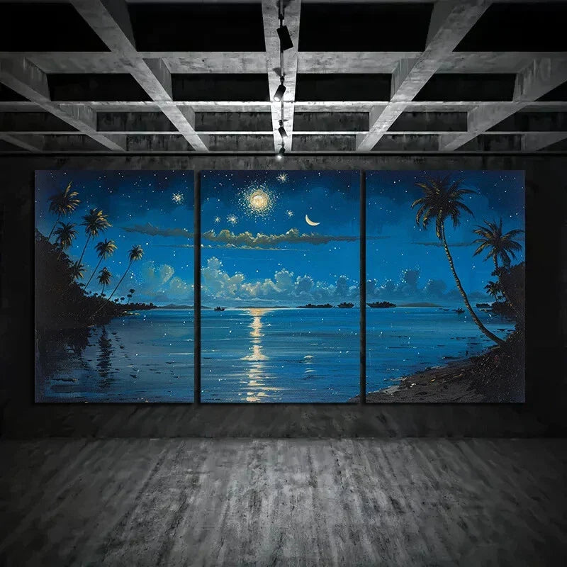 3pcs Fireworks and Coconut Tree Night Sky Metal Print Ready to Hang Art