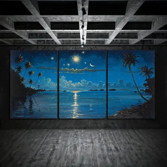 3pcs Fireworks and Coconut Tree Night Sky Metal Print Ready to Hang Art