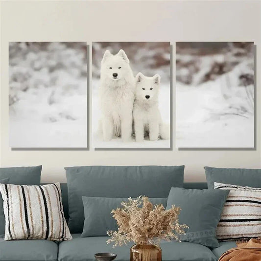 3pcs White Samoyed Dogs in Snowy Forest, Metal Print Ready to Hang Art