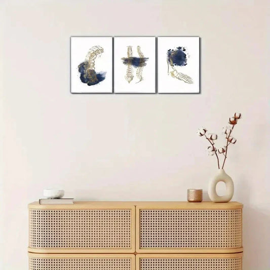 3pcs Golden Skeleton Designs with Navy Blue AccentsMetal Print Ready to Hang Art