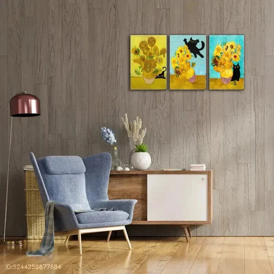 3pcs Sunflower & Cat Decorative Oil Painting Metal Print Ready to Hang Art