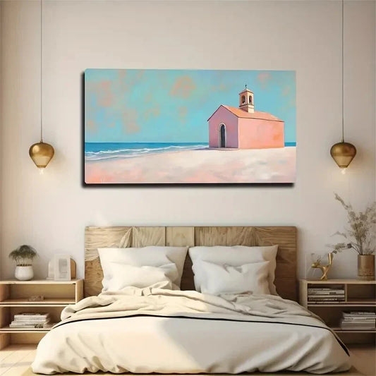 Light Red House Coastal Wall Art Canvas Office Home Room Framed 120x60cm