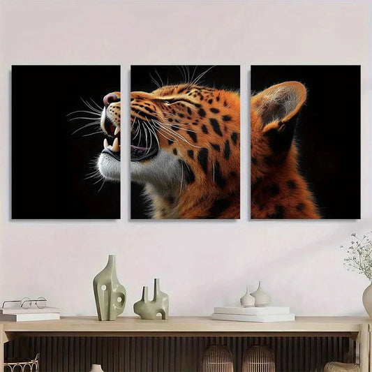 3pcs Roaring Leopard Playful Jungle Metal Print Ready to Hang Art