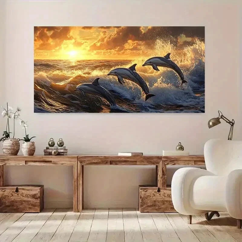Vibrant Dolphin Leaping wall canvas office home room framed 120x60cm