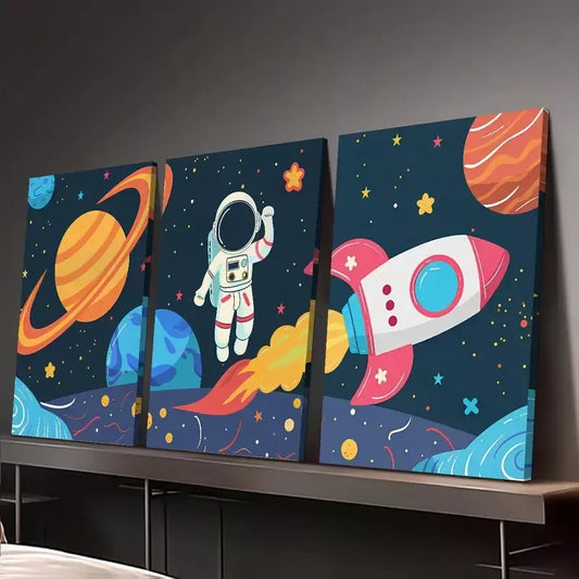 3pcs Vibrant Aesthetic Space-Themed Astronaut Wall Art Set Canvas Framed 40x60cm - High Quality Print 100% Australian Made Wall Canvas Ready to Hang