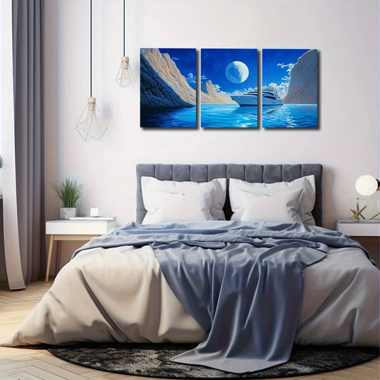 3pcs Icebergs And Yachts Blue Sky Metal Print Ready to Hang Art