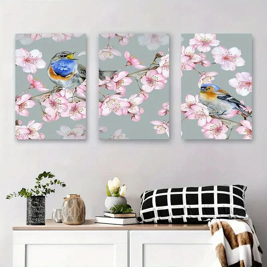 3pcs Cherry Blossom and Bird Colorful Birds Metal Print Ready to Hang Art
