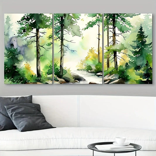 3pcs Watercolor Forest Green Tree Metal Print Ready to Hang Art
