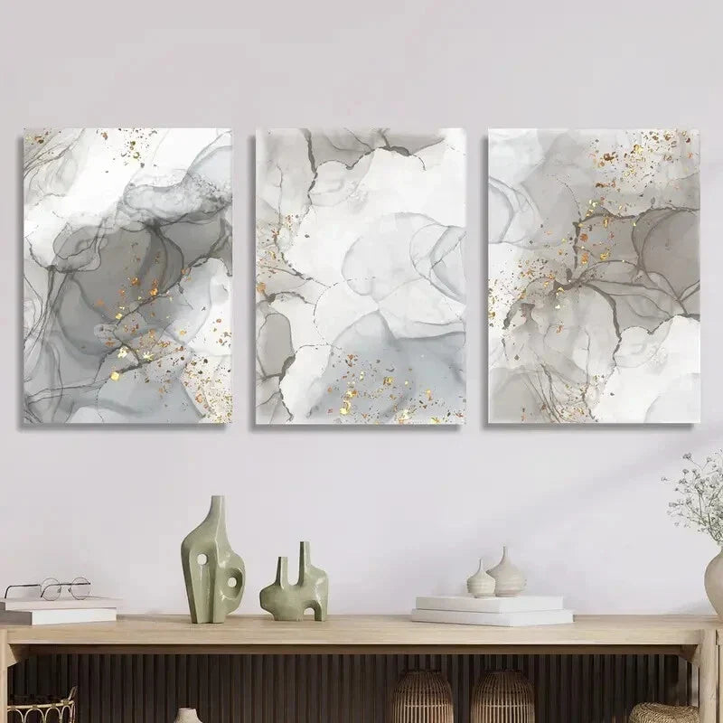 3pcs Gray and Golden Marble Modern Abstract   Metal Print Ready to Hang Art