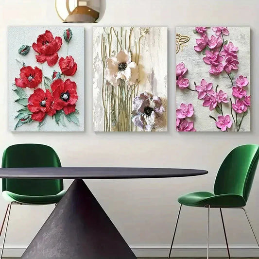 3pcs Colorful Flowers Red &amp; Rose Green Leaves Metal Print Ready to Hang Art