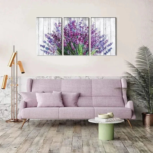 3pcs Vibrant Purple Vintage Wooden Flower Metal Print Ready to Hang Art