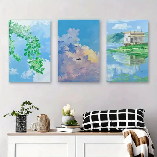 3pcs Vibrant Sky, Clouds & Greenery, Tranquil Metal Print Ready to Hang Art