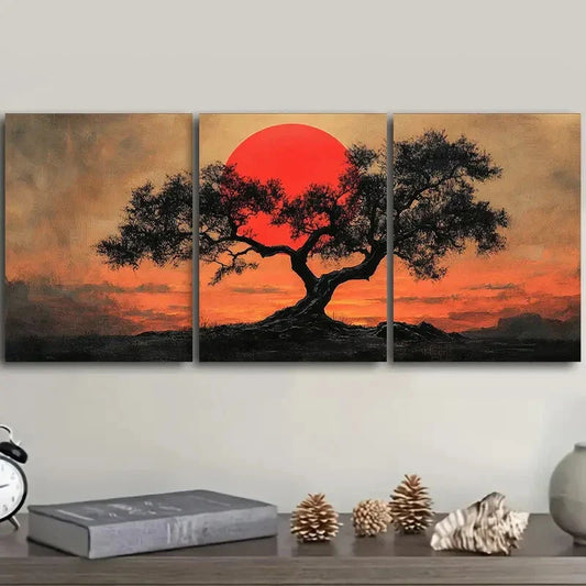 3pcs The Red Sun Tree Art Painting Metal Print Ready to Hang Art