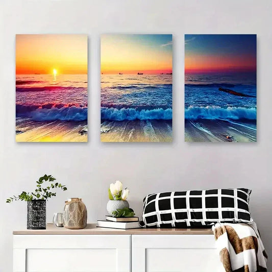 3pcs Vibrant Coastal Ocean Waves Painting Metal Print Ready to Hang Art