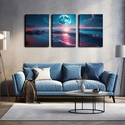 3pcs  Bright Big Moon, Beach Wall Art Set Canvas Framed 40x60cm - High Quality Print 100% Australian Made Wall Canvas Ready to Hang