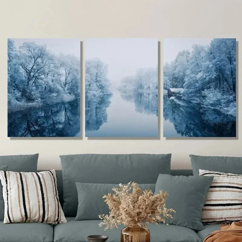 3pcs Winter, Natural River Surrounded by Mist, Metal Print Ready to Hang Art